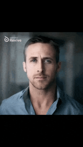a close up of a man 's face with the word revive on the bottom right