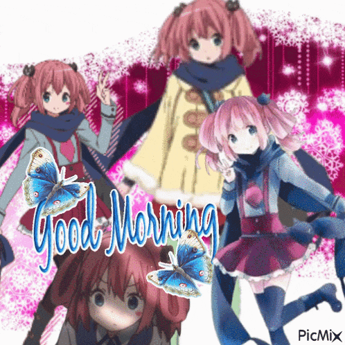 a collage of anime girls with the words good morning written in blue