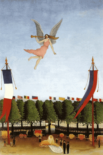 a painting of a woman flying in the sky with a lion and flags