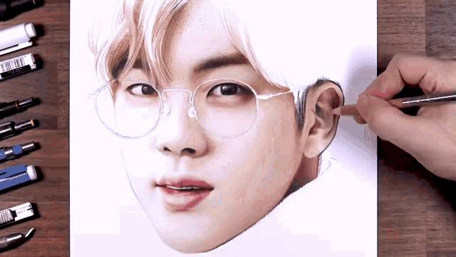 a drawing of a young man wearing glasses and a pencil
