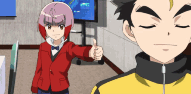a girl in a red jacket is giving a thumbs up