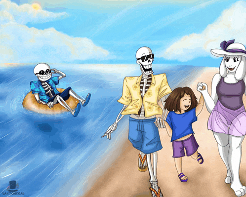 a drawing of a family walking on a beach with the watermark lastforreal