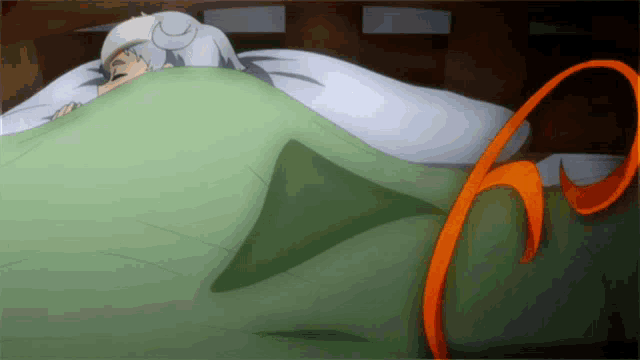a cartoon character is laying in bed with a green blanket