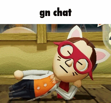 a cartoon character with cat ears and glasses is laying on the floor with the words gn chat above him