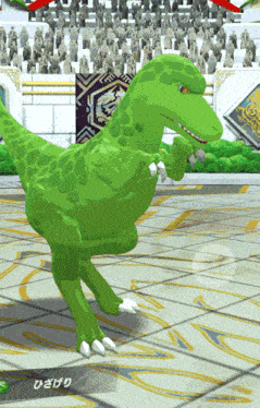 a green dinosaur is standing on a tiled floor in front of a crowd in a video game