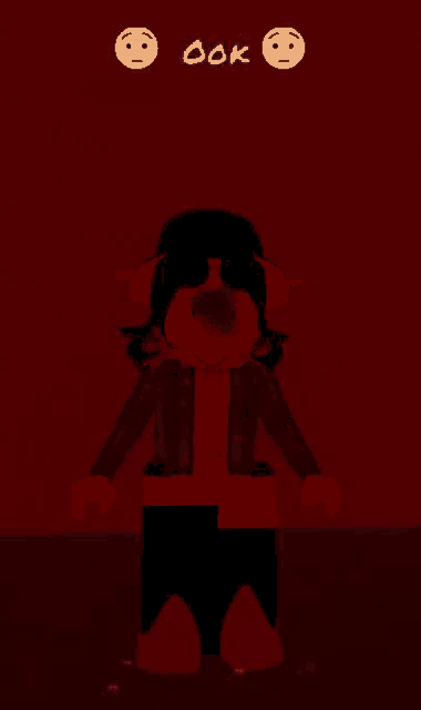 a cartoon character is standing in a dark room with a red background and purple emojis that say bok