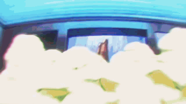a blurry picture of a person in a room with a blue sky in the background