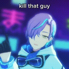 a cartoon character with purple hair and glasses is standing in front of a purple background with the words `` kill that guy '' .