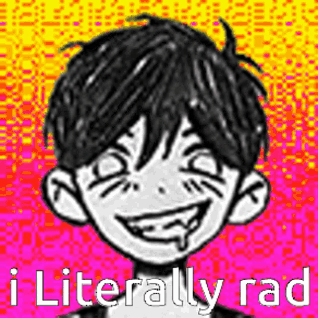 a black and white drawing of a boy with a smiley face and the words `` i literally rad '' underneath it .