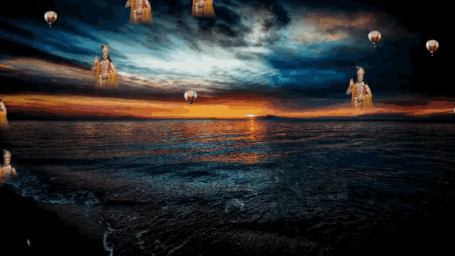 a painting of a sunset over a body of water with balloons floating in the air