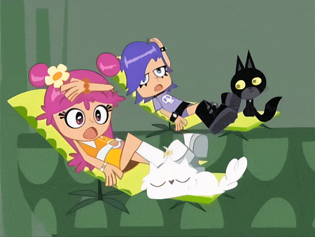 a cartoon drawing of a girl with a flower in her hair and a cat