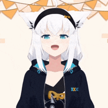 a girl with white hair and blue eyes is wearing a black jacket with xxx on the front
