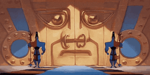 two cartoon characters are standing in front of a door with a face on it .