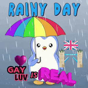a penguin holding a rainbow colored umbrella says rainy day