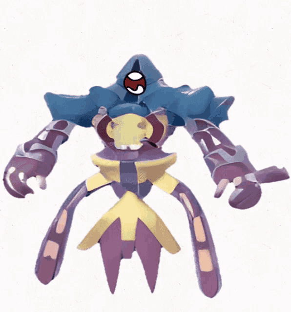 a cartoon drawing of a purple and yellow robot with a hood on
