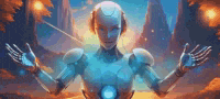 a painting of a robot with its arms outstretched in a forest .