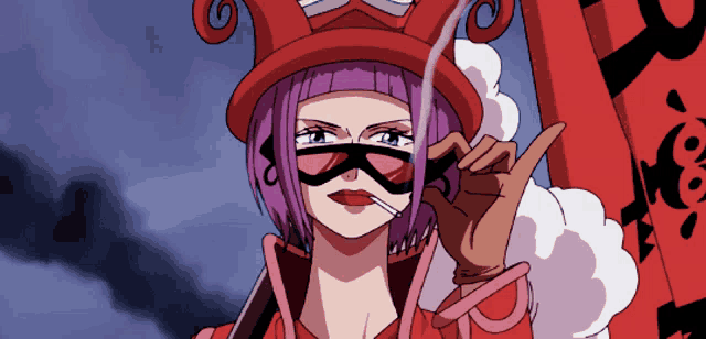 a woman with purple hair is wearing a red hat and sunglasses and smoking a cigarette