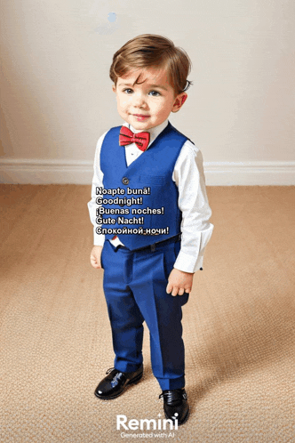 a little boy wearing a blue suit and a red bow tie says " noapte buna goodnight "