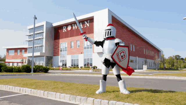 a rowan building with a knight mascot holding a sword and shield