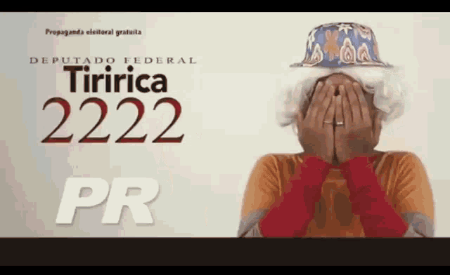 a person covering their face with their hands in front of a poster that says pr