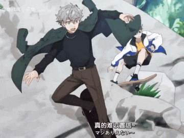 a man in a black sweater is running while another man rides a skateboard