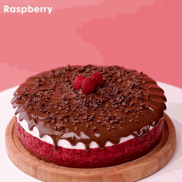 a raspberry cake with chocolate frosting and shavings on top