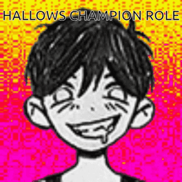 a black and white drawing of a boy with a smile on his face and the words `` hallows champion role '' .
