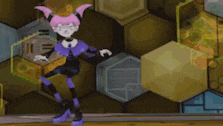 a cartoon spider is standing on a wooden table in a room with a honeycomb background .