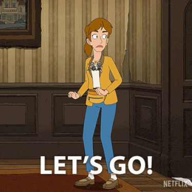 a cartoon of a woman standing in a room with the words let 's go