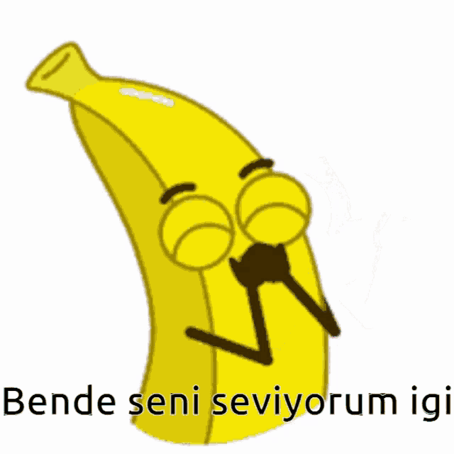 a cartoon of a banana holding a heart and the words bende seni seviyorum igi below it