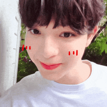 a close up of a person 's face with red dots on the cheeks