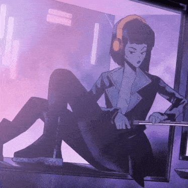 a woman wearing headphones and holding a sword looks out a window