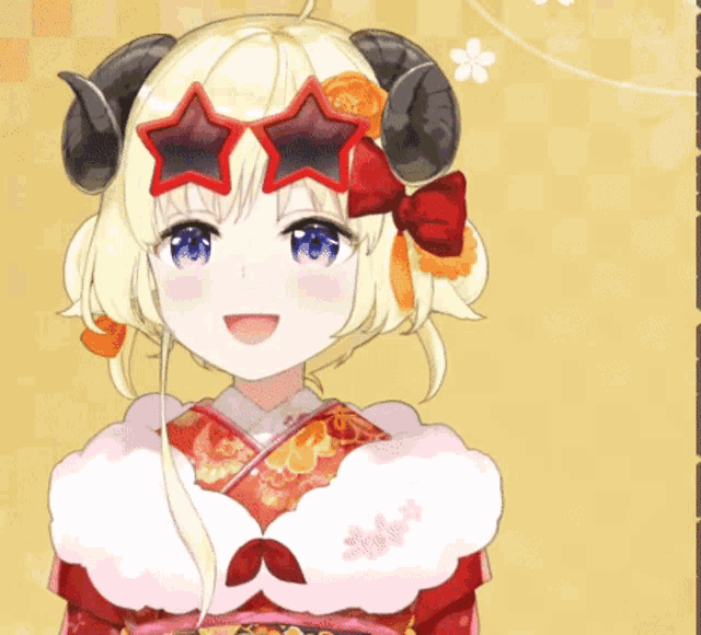 a blonde anime girl with horns wearing sunglasses with stars on them
