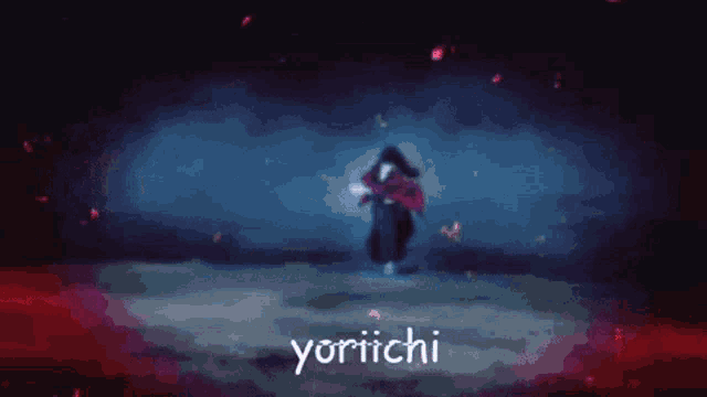 a blurry image of a person with the word yoniichi in white
