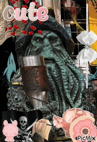 a picture of a statue of a pirate holding a cup with the word cute above it