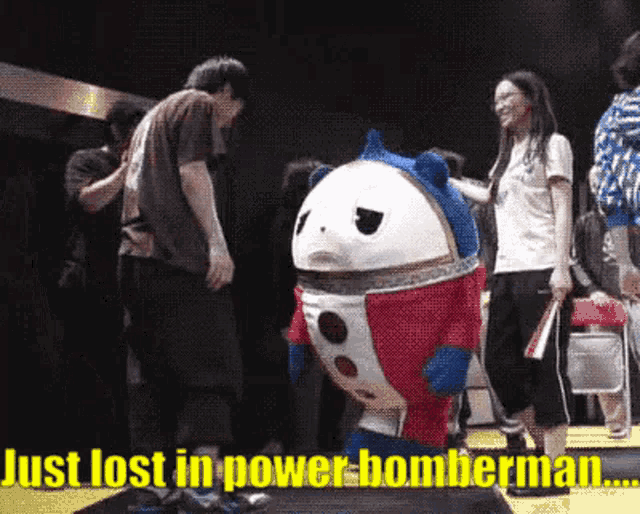 a mascot with the words just lost in power bomberman