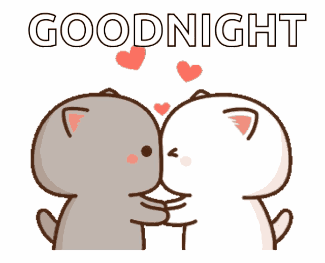 a couple of cartoon cats kissing each other with the words goodnight in the background