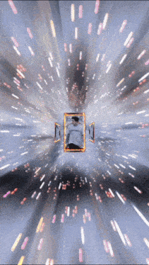 a man in a white shirt with the word supreme on it is flying through a space tunnel