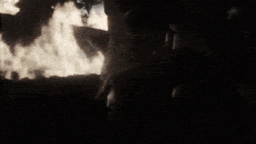 a group of people are standing in a dark room with smoke coming out of it