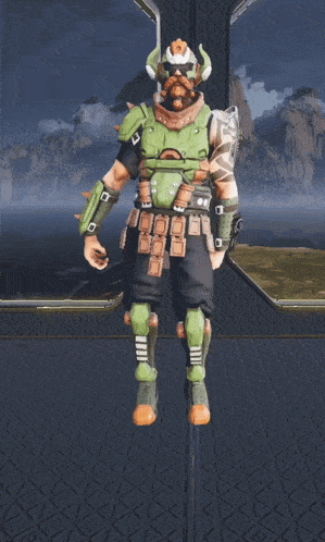 a video game character with a beard and a green armor