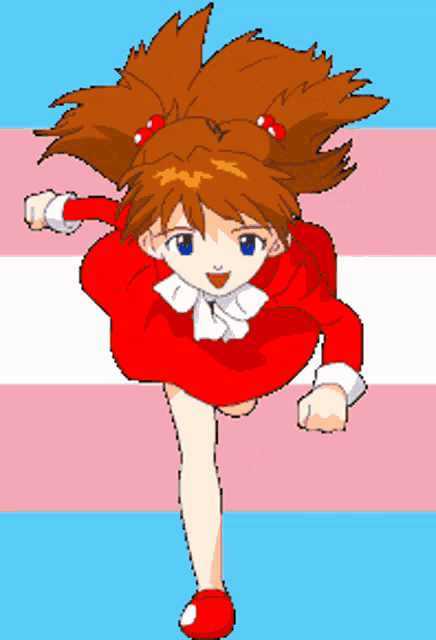 a pixel art of a girl in a red dress and red shoes