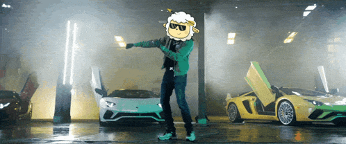 a man with a sheep head is dancing in front of a row of cars