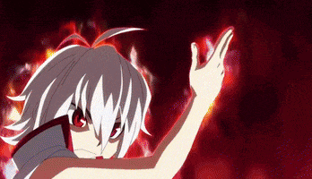 a person with white hair and red eyes is standing in front of a red background with their hands outstretched .