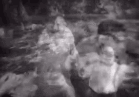 a black and white photo of a group of people swimming in a river .