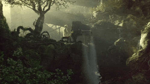 a waterfall is surrounded by trees and rocks in a cave