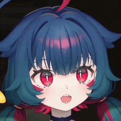 a close up of a girl 's face with red eyes and blue hair