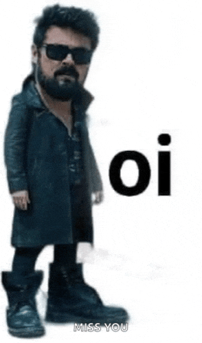 a man with a beard wearing sunglasses and a black coat is standing next to the word oi .