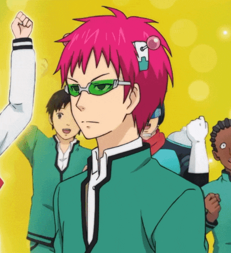 a cartoon character with pink hair and green glasses has the letter r on his head