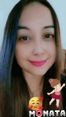 a woman with a smiley face and the name monata on the bottom right