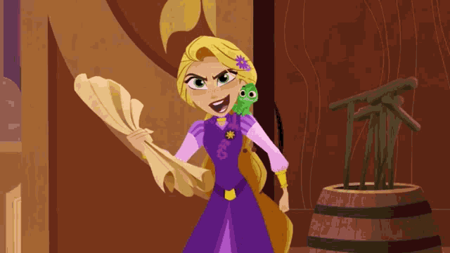 rapunzel from tangled is holding a piece of paper and a green lizard on her shoulder